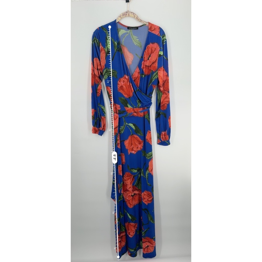 Janette Fashion Blue Red Floral Poppy Wrap Maxi Dress Long Sleeve XL Made in USA
